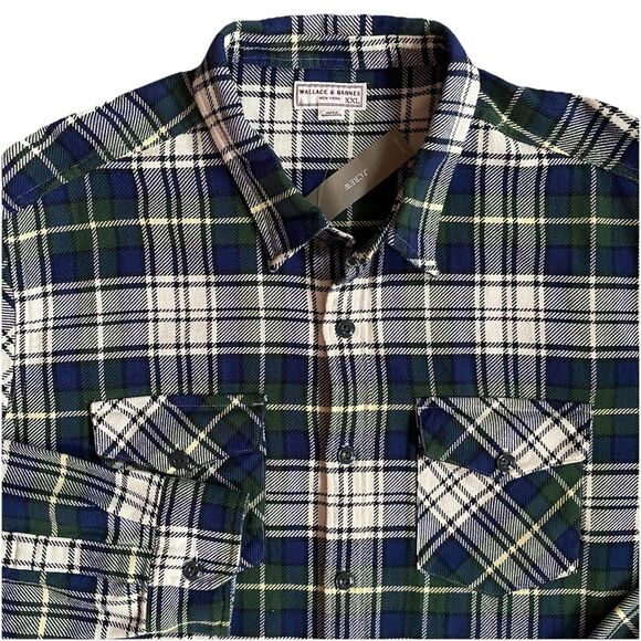 Wallace & Barnes Flannel Cotton Twill Work Shirt XXL Blue Green Plaid Tartan - Picture 1 of 7